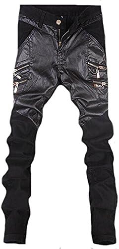 Kebinai Fashion Men's Luxury Spliced Pu-Leather Straight-Leg Slim Fit Pant Black32