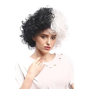 WIG ME UP ® – 91344-P103-P68 Peluca Mujeres Carnaval Halloween Rizado Afro fregona voluminosos, Mitad Blanco y Negro Bicolor, Frankenstein