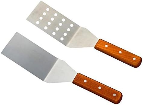 Pie Pizza Server Kitchen Grill Spatula Turner Stainless Steel Riveted Smooth Wood Handle- Set of Perforated & Solid Face Spatula