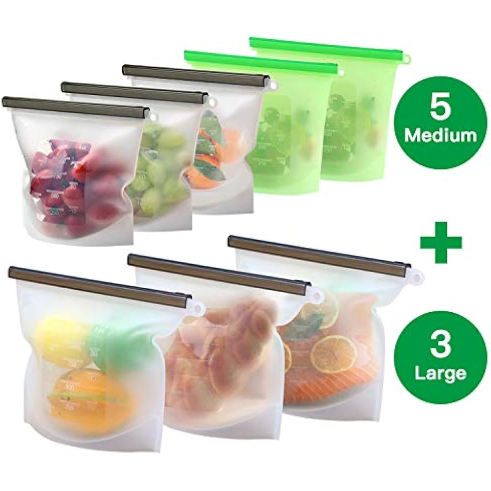 8 Pack Reusable Silicone Food Storage Bag (5 Medium & 3 Large) Sandwich