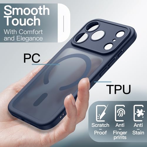 JETech Magnetic Case for iPhone 17 Pro Max 6.9-Inch Compatible with MagSafe, Shockproof Slim Phone Cover with Built-in Camera Control Button, Matte Translucent Back (Dark Blue)
