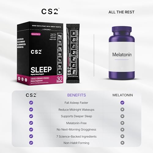CS2 Sleep Support Drink Mix - Melatonin Free Sleep Support Drink with Magnesium Glycinate, L-Theanine, Ashwagandha, Apigenin, Tart Cherry - Non-Habit Forming, Sugar-Free - Mixed Berry, 30 Servings