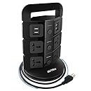 AUYOU Tower Power Strip USB Vertical Socket Handy Space-saving Socket Matching Wall Outlet with 7-Outlet and 4-USB Ports Black in 3 Pronged Plugs