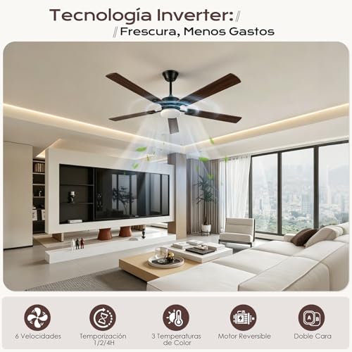 Ventilador de Techo con Luz 52"/132CM, Abanicos de Techo con Control Remoto, Doble Cara de Aspas, Motor DC Reversible, 6 Velocidades, 3CCT, Brillo Ajustable, Ideal para Sala Dormitorio Cocina Office