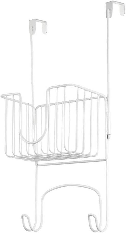 mDesign Metal Wire Over Door Hanging Ironing Board Holder with Small Storage Basket - Organizer Holds Iron, Board, Spray Bottles, Starch, Fabric Refresher - for Laundry, Utility Room, Closet - White: Home & Kitchen