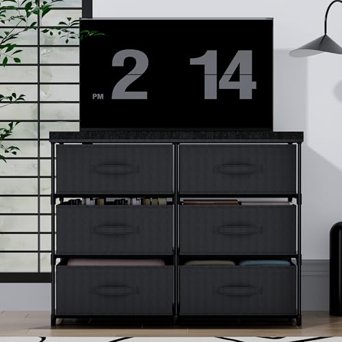 PPN Dresser with 6 Fabric Drawer Stand Desktop Sturdy Metal Plastic Support Tube Cube Storage Cabinet for Living Room, Bedroom Organization Dorm Front Hall Entryway Black