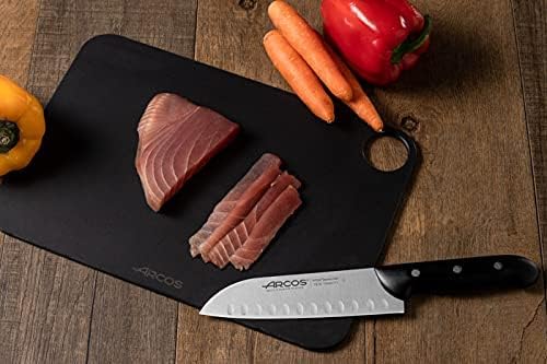 Coltello Santoku in Acciaio Inossidabile Nitrum – Coltello da Cucina Giapponese per Pesce, Carne e Verdure, Manico Ergonomico in Poliossimetilene POM, Lama da 170 mm – Nero, Serie Maitre