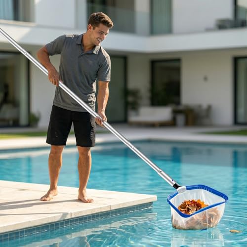 ROMIVO 44 cm professional pool net with 3 m aluminium pole (8 pieces), ultra-fine mesh net against pollen and small particles, sturdy aluminium inner frame with protective cover, 1.2 mm reinforced