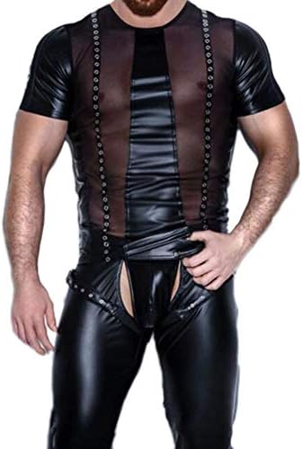 Jockstraps Men's Leather Short Sleeve Bodysuit Wet Look Front Zipper Jumpsuit Shiny Black Short Wet Look Catsuit Playsuit Clubwear Dancewear Costume S-XXL