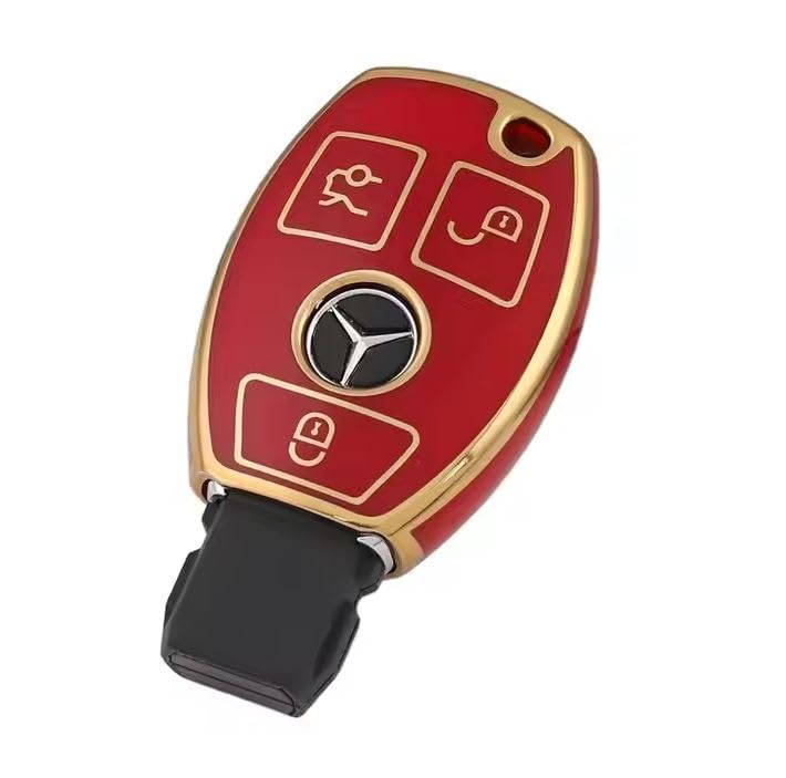 StyleC Remote car key case cover fob compatible with MERCEDES BENZ 3 button case (Red-Gold)