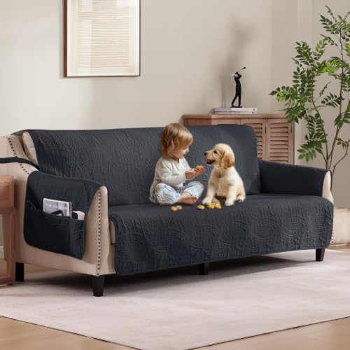 Pamhaven Quilted Black Sofa Slipcovers Pockets