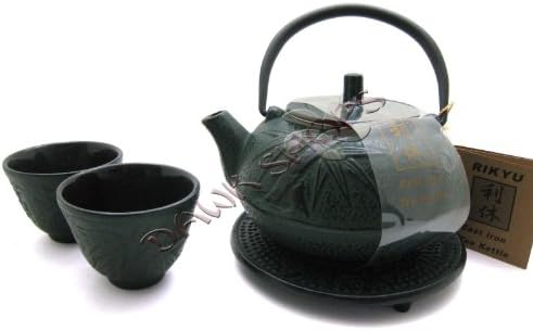 Green Bamboo Cast Iron Tetsubin Tea Pot Kettle Set (w/ TRIVET)