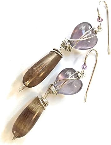 Rainbow Fluorite Valentine's Day Heart Earrings - Sparkling Violet to Lavender Semi Precious Gemstones &amp; Sterling Silver, .925 - Wire Wrapped Handmade Purple Drops with Dangles - OOAK Gift for Women