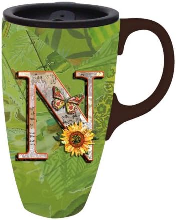 Monogram Garden N,Boxed Latte Travel Mug 17oz,Ceramic,6x5.25x3.5 Inches