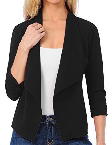 EIMIN Women's Lightweight Stretch 3/4 Sleeve Blazer Open Front Jacket Black L