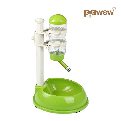 Pawow Pet Dog Cat Automatic Water Food Feeder Bowl Bottle Standing Dispenser, Green