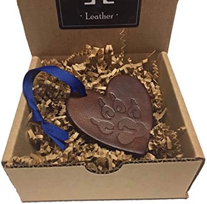 Twin Saints Paw Print Leather Heart Ornament. Rescue Dog, Adopted Dog Christmas.