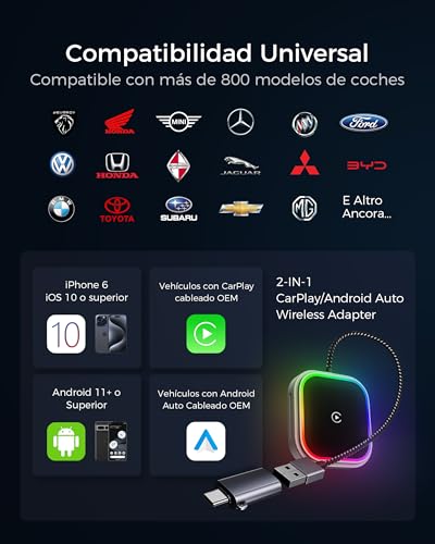 WityEye Wireless CarPlay and Android Auto Adapter with RGB Ambient Light, Dual Core WiFi to 5.8GHz, Bluetooth V5.3, Fast and Stable, for Apple iPhone iOS 10+, Android 11+ Smartphone