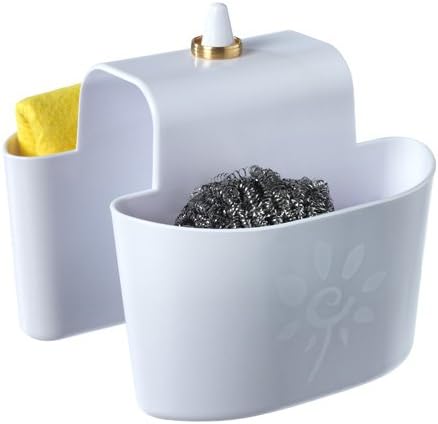 Hanging Kitchen Sink Sponge Holder Double with Ring Holder without Mounting Kitchen Organiser and Storage for Sponge Scourer Washing Up Brush Soap Dispenser Dish Cloths White