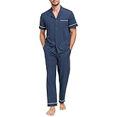 COLORFULLEAF Men's 100% Cotton Pajamas Set Button Down Short Sleeve Sleepwear Long Pants Pjs for Men with pockets