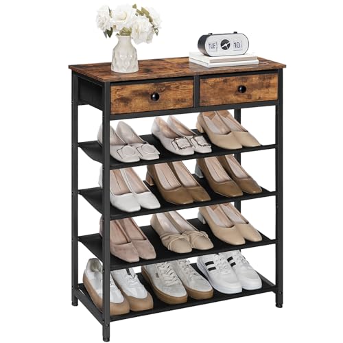 HOOBRO 5 Tier Shoe Racks for Entryway, Free Standing Shoe Shelf with 2 Non-Woven Drawers, Narrow Shoe Rack Shoe Organizer with 4 Oxford Shelves, 12-16 Pair of Shoe, Rustic Brown EBF78XJ01