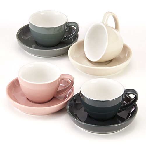 Espresso Cups and Saucers by Easy Living Goods - 3-Ounce Demitasse for Coffee, Set of 4, Assorted Colors (Modern)
