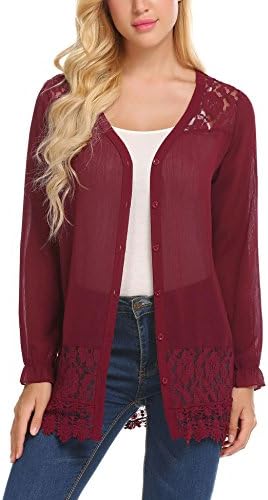 Yayado Ladies Summer V-Neck Top Shirts Lace Trim Button up Tunic Blouse Wine Red L