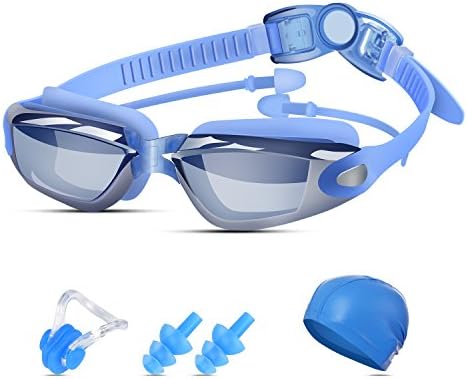 Swimming Goggles, Swim Goggles, Goggles for Adult Men Women Youth Kids Child, Anti Fog UV Protection with Swim Cap Nose Clip Ear Plugs Blue