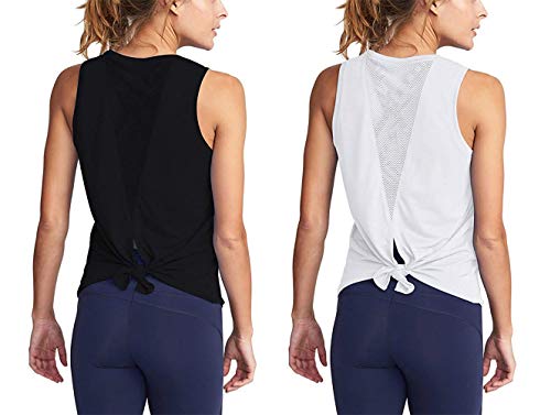 ADOLPH Women's Sexy Open Back Cute Mesh Yoga Workout Sports Shirts Activewear Tank Tops(Black and White,S)