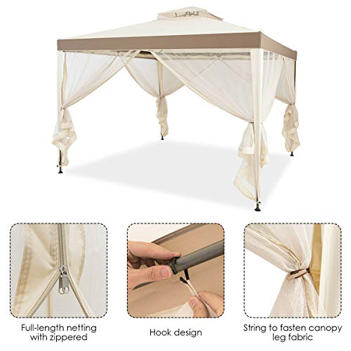 FDInspiration Beige 10x 10 FT Patio Gazebo Tent Shelter Outdoor Canopy Shelter Party Sun Shade w/Mosquito Netting with Ebook - Thumbnail 4