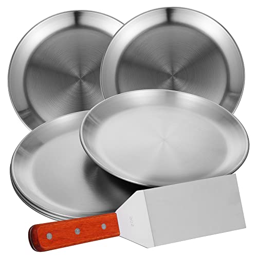 SOLUSTRE 6-Piece Round Pizza Pan Set Large Stainless Steel Baking Trays Non-Stick Metal Pizza Pans for Oven Includes Shovel for Home Baking
