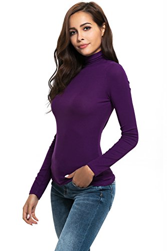 Womens Long Sleeve/Sleeveless Slim Fit Mock Turtleneck Stretch Comfy Basic T Shirt Layer Top Purple - Thumbnail 3
