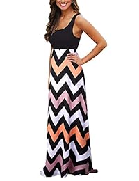 ReachMe Vestido de playa largo, informal, con camiseta sin mangas, de cheurón imperio boho, para mujer