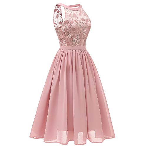 DEATU Princess Lace Dress Women Vintage Floral Cute Lace Cocktail Neckline Ladies Party Aline Swing Sleeveless Dress(B-Pink,S)