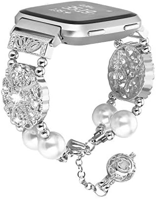 FOHUAS Compatible for Fitbit Versa Smart Watch, Adjustable Handmade Pearl Bling Rhinestone Dressy Bracelet Women Girl Wristband with Essential Oil/Perfume Storage Pendant for Fitbit Versa