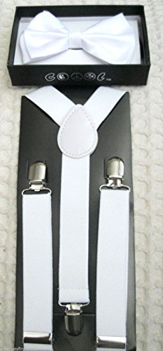 Unisex Fashion Kids Teens Teenagers Solid White 2 Layer Adjustable All Polyester Silk Bow Tie and Matching Kids Teens Teenagers Solid White Adjustable Suspenders Combo-new in Factory Pkg!