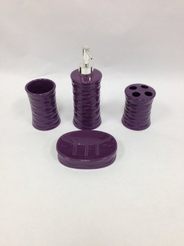 4 Piece Ceramic Bath Accessory Set: Soap Dispenser, Tumbler, Toothbrush Holder, Soap Dish (Purple)