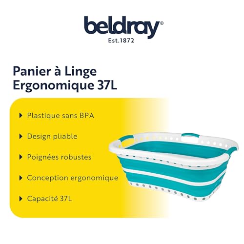 Beldray Hip Hugger 37L Laundry Basket, Foldable and Lightweight Laundry Basket, Ergonomic Basket Space-Saving and Portable, Includes Air Holes and 3 Ergonomic Handles, Turquoise