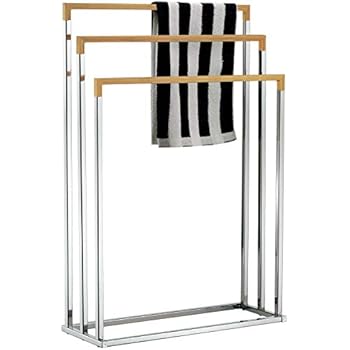 MyGift Freestanding Chrome Plated 3-Tier Bamboo Towel Bar, Bathroom Towel Rack