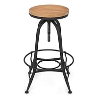 Cirocco Vintage Bar Stool - Work Bench Countertop Table Seat - Loft Classic Country Industrial Design Decor, Metal Steel Frame, Rustic Unfinished Wood Top, Adjustable Height Sturdy for Kitchen Island