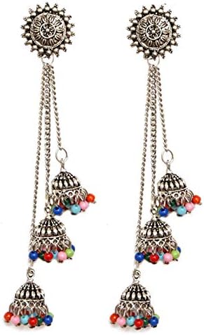 Pahal Ethnic Oxidized Long Chain Multi Silver Jhumka Earrings Pearl Indian Wedding Jewelry Set
