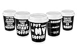 Premium 12oz Disposable Paper Coffee Cups With Lids (50ct) - 5 Fun Quotes in Each Pack - Make Your Own Coffee or Tea With These Paper Coffee Cups - Insulated Double Wall - No Need For Sleeves