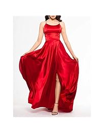 YEEBOM Spaghetti Satén Largo Vestidos de baile con Bolsillos para las Mujeres- Una Línea de Lado Dividido Vestidos formales de Noche sin Espalda 2019