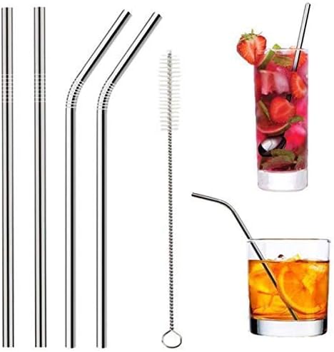 Trevik New Set of 4 Reusable Stainless Steel Drinking Straws 8.5'' (2 Bend, 2 Straight & 1 Cleaning Brushes) - BPA Free Metal, Thick, Long, Dishwasher Safe - for Smoothies, Tumblers, Travel & More