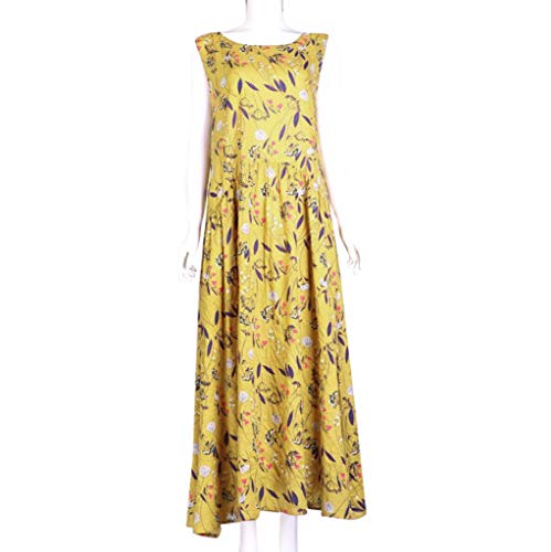 Women Plus Size Bohemian O-Neck Floral Print Vintage Sleeveless Long Maxi Dress