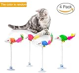 Malier 4 Pieces Retractable Cat Toys, Adsorbable Cat Toys, Funny Cat Interactive Toys with Sucker Spring and Feather Mouse