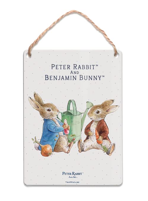 Metal Dangler Sign (65 x 90 mm) - Beatrix Potter - Peter Rabbit and Benjamin Bunny eating — image 1
