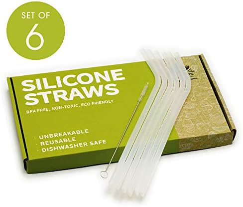 Andcolors Silicone Straws Set re-useable and Environmentally Friendly Easy to Clean with Included Cleaning Brush 100% BPA Free Food Grade Silicone Dishwasher Safe (Set of 6) (Regular)