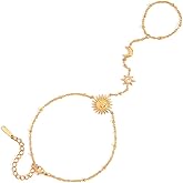 Dainty CZ Moon Sun Star Hand Chain Ring Bracelet for Women Stainless Steel 18k Gold Plated Trendy Adjustable Chain Linked Stackable Finger Ring Bracelet Fashion Jewelry