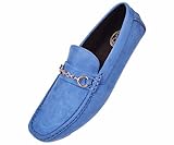 Amali Mens Casual Driving Moccasin Loafer in French Blue Microfiber With Silver Chain Ornament: Style Ecker French Blue-205